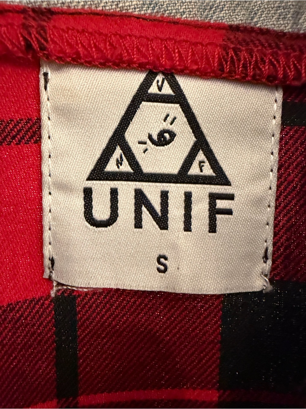 UNIF Light Blue Distressed Denim Vest with Red Plaid Panels - Picture 3 of 4